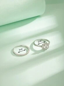 2入組奢華幾何大號aaa鉆石做工銀色戒指,女士多重組合婚禮首飾禮物 - 銀色 - 查看 10