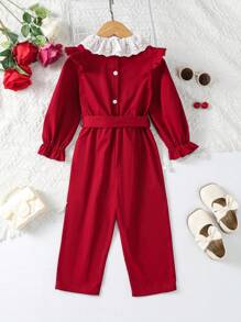 紅色年輕女孩接頭花邊連身褲，後綁帶設計 - 酒紅色 - 查看 2