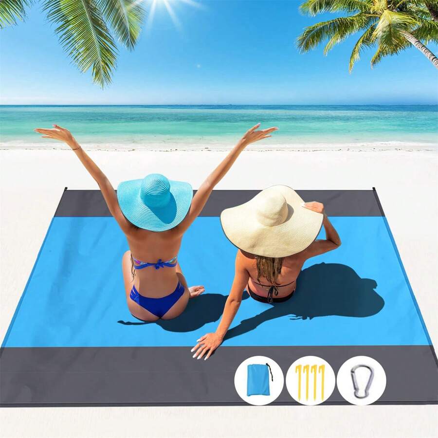 1pc Oversized Waterproof Beach Blanket For 4-7 Adults - Lightweight Quick Drying Sandproof Picnic Mat For Travel, Camping, Hiking - Enjoy Comfortable Outdoor Activities - Gray Blue - View 1