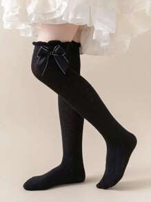 1pair Toddler Girls' Diamond Pattern Mesh Over Knee Socks With Bowknot & Lace Trim, Suitable For Daily Wear - Black - View 5