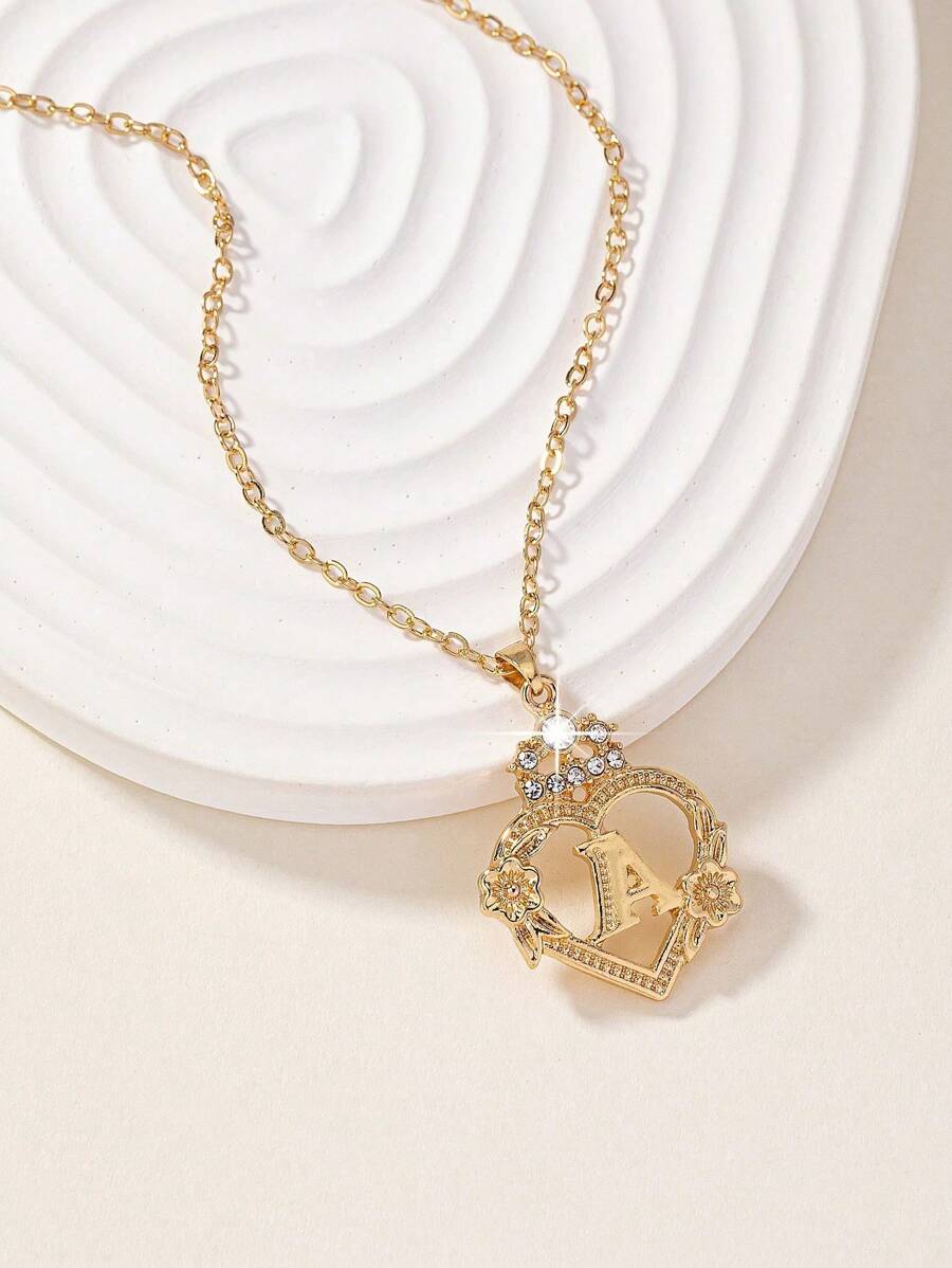 1條精緻優雅的鑲鑽心形字母吊墜項鍊,情人節女士禮物 - 金黃色 - 查看 1