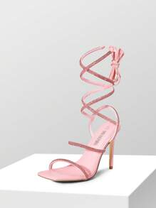 Women Stiletto Heeled Strappy Sandals, Rhinestone Decor Tie Leg Design Sandals, Glamorous Party Heeled Sandals For Summer Spring Wearing - 粉色 - 查看 1