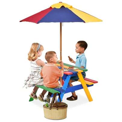 Children's Furniture, Made Of Fir Wood, Picnic Table With Bench For Children, With Parasol, Children's Seating Group For 4 Toddlers, Suitable For Indoors And Outdoors, Garden, Balcony, Beach (Model 1)