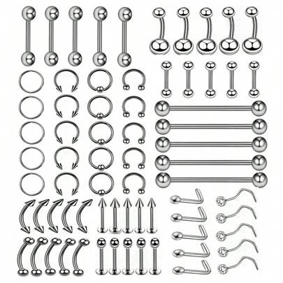 70pcs Stainless Steel Nose Studs, Eyebrow Rings, Earrings, Horseshoe Nose Rings, Lip Rings, Belly Button Rings, Lip Studs, Tongue Studs Body Piercing Jewelry Kit
