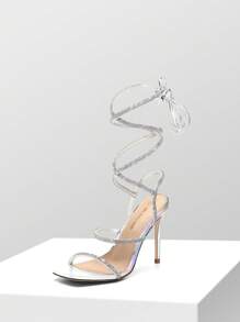 Women Stiletto Heeled Strappy Sandals, Rhinestone Decor Tie Leg Design Sandals, Glamorous Party Heeled Sandals For Summer Spring Wearing - 銀色 - 查看 1