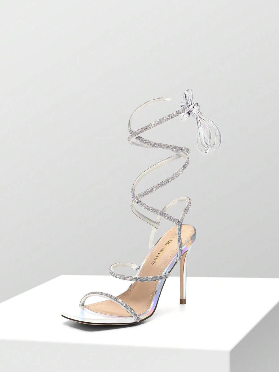 Women Stiletto Heeled Strappy Sandals, Rhinestone Decor Tie Leg Design Sandals, Glamorous Party Heeled Sandals For Summer Spring Wearing - 銀色 - 查看 1