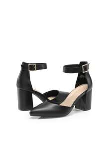Women's Classic Closed Pointed Toe High Chunky Ankle Strap Heels Pumps  Dress Shoes Fashionable And Elegant For Wedding Office Party, 3 Inches - ĐEN/PU - Xem 5