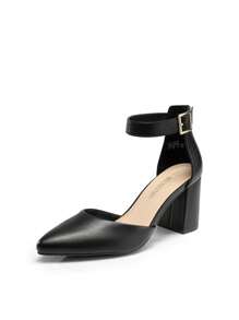Women's Classic Closed Pointed Toe High Chunky Ankle Strap Heels Pumps  Dress Shoes Fashionable And Elegant For Wedding Office Party, 3 Inches - ĐEN/PU - Xem 3