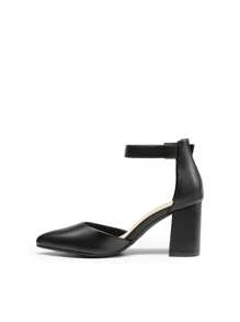 Women's Classic Closed Pointed Toe High Chunky Ankle Strap Heels Pumps  Dress Shoes Fashionable And Elegant For Wedding Office Party, 3 Inches - ĐEN/PU - Xem 6