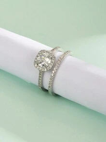 2入組奢華幾何大號aaa鉆石做工銀色戒指,女士多重組合婚禮首飾禮物 - 銀色 - 查看 2