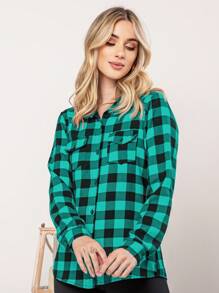 Camisa Xadrez feminina Estilosa Festa Junina rodeio Manga Longa - Verde - Visão 1