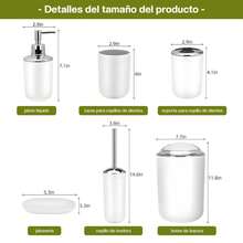 Tucorresi Juego de Accesorios de Baño, 6 Piezas, Blanco, Incluye Papelera, Escobillero, Dosificador de Jabón, Portacepillos de Dientes, Vaso para Enjuague Bucal y Jabonera