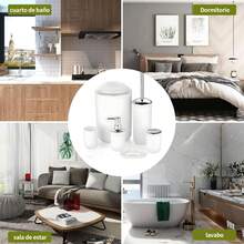 Tucorresi Juego de Accesorios de Baño, 6 Piezas, Blanco, Incluye Papelera, Escobillero, Dosificador de Jabón, Portacepillos de Dientes, Vaso para Enjuague Bucal y Jabonera
