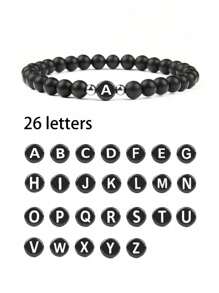 1 件优雅简约风格 26 个字母雕刻黑色哑光玛瑙串珠弹性手链，适合青少年、学生、朋友、姓名首字母手链礼物 - 黑色 - 查看 1