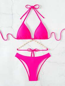 Premium Shell Decor Chained Triangle Bikini Set, Solid Color Nylon Fabric - Hot Pink - View 3