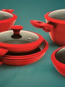 Juego Batería De Cocina 10 Piezas Cerámica Antiadherente Con Tapas Cristal y Borde De Silicón - Rojo - Ver 6