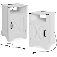 Sunvivi Nightstand Set Of 2 With Charging Station, Tall Farmhouse End Table With Large Storage And Shelf, Wooden Bedside Table With For Bedroom, Living Room(Dark Grey) - trắng - Xem 1