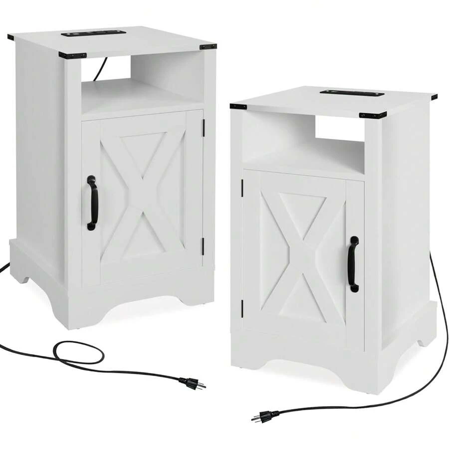 Sunvivi Nightstand Set Of 2 With Charging Station, Tall Farmhouse End Table With Large Storage And Shelf, Wooden Bedside Table With For Bedroom, Living Room(Dark Grey) - trắng - Xem 1