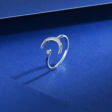 feilok 1個時尚獨特的s925純銀星月戒指,可調節開口處尺寸,鑲嵌鑽石,適合女性和女孩日常佩戴或作為生日、婚禮、聖誕節、情人節、母親節禮物 - 銀色 - 查看 4