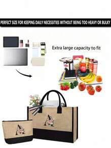 1Pc/2Pcs,Flower Letter Pattern,Initial Jute/Canvas Tote Bag Comes With A Makeup Bag, Personalized Present Bag, Suitable For Wedding, Birthday, Beach, Holiday,School Bag , Is A Great Gift For Women, Mom, Teachers, Friends, Bridesmaids,Student ,Large Bag , Back To School ,Simple Large-Capacity Handbag, Portable Casual Storage Tote Bag, Best Teacher Gift - Khaki - View 8