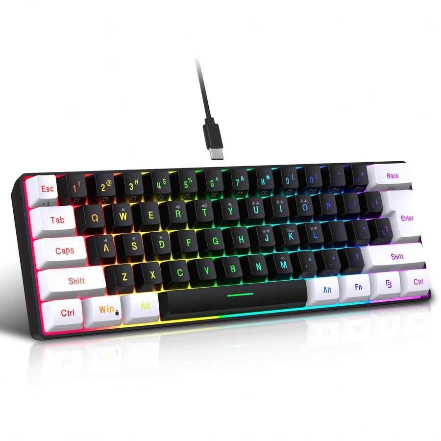 60% 有线游戏键盘，RGB 背光迷你键盘，USB 防水小型超紧凑 61 键键盘，适用于 PC/游戏玩家、打字员、旅行、易于携带商务旅行（黑白）