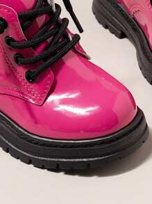 1 Pair Girls' Patent Leather Pu Leather Mid-Calf British Style Boots, Suitable For Spring And Autumn - Hot Pink - View 9