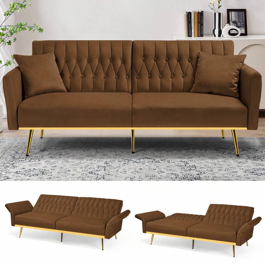 Lesofair 70" Velvet Futon With Adjustable Backrest And Armrests, Sofa Bed With With Extra Pillows For Waiting Room, Living Room And Office - màu nâu - Xem 1