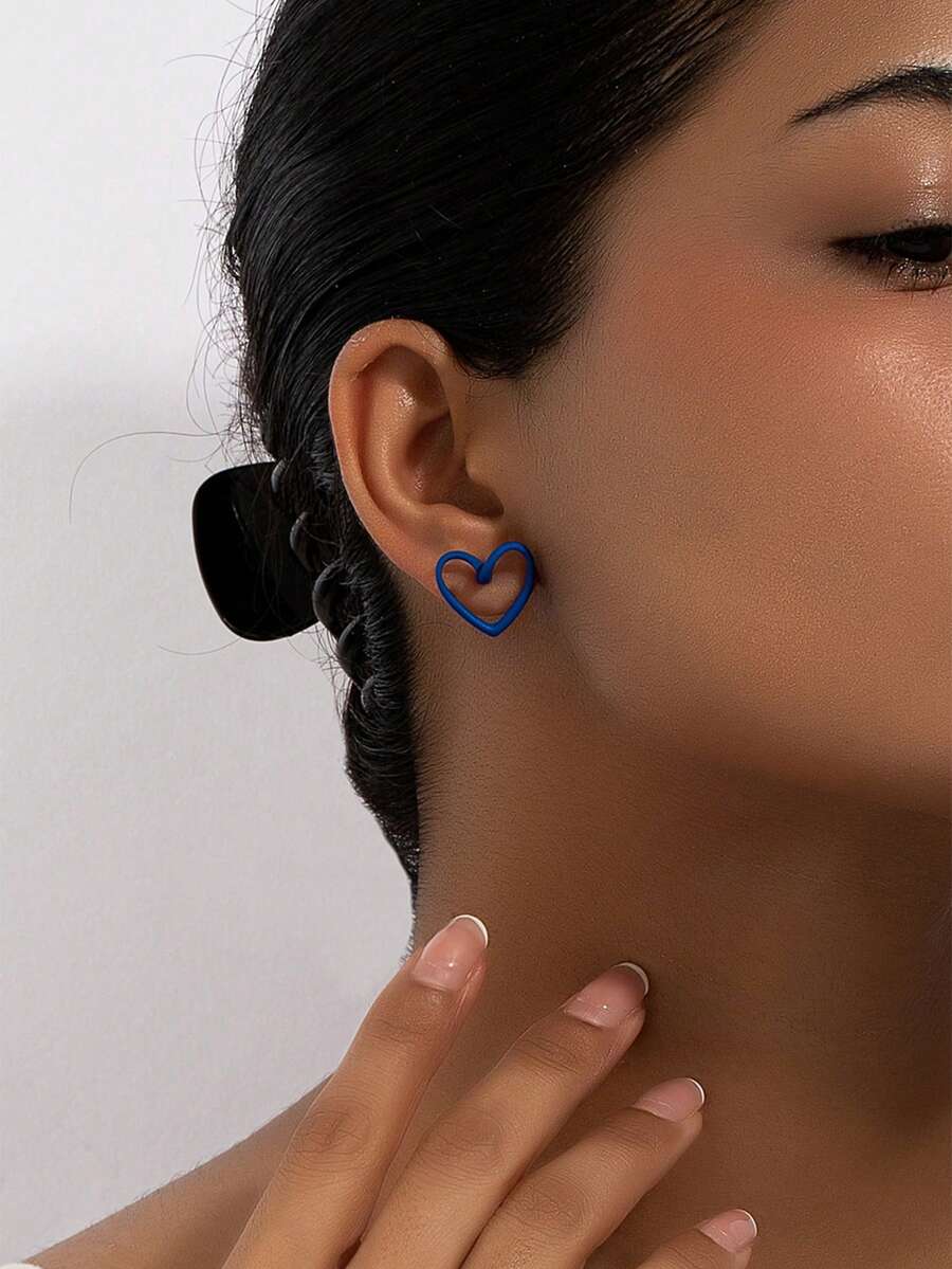 أقراط مثقوبة الهندسة ذات شكل قلب مجوف - أزرق غامق - مشاهدة 1