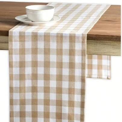 1pc Khaki And White Checkered Table Runner/Tablecloth, Nordic Modern Linen Art Plaid Simple Coffee Table/TV Cabinet Decoration Buffalo Check Tablecloth Picnic Tablecloth Holiday Cabin Decoration