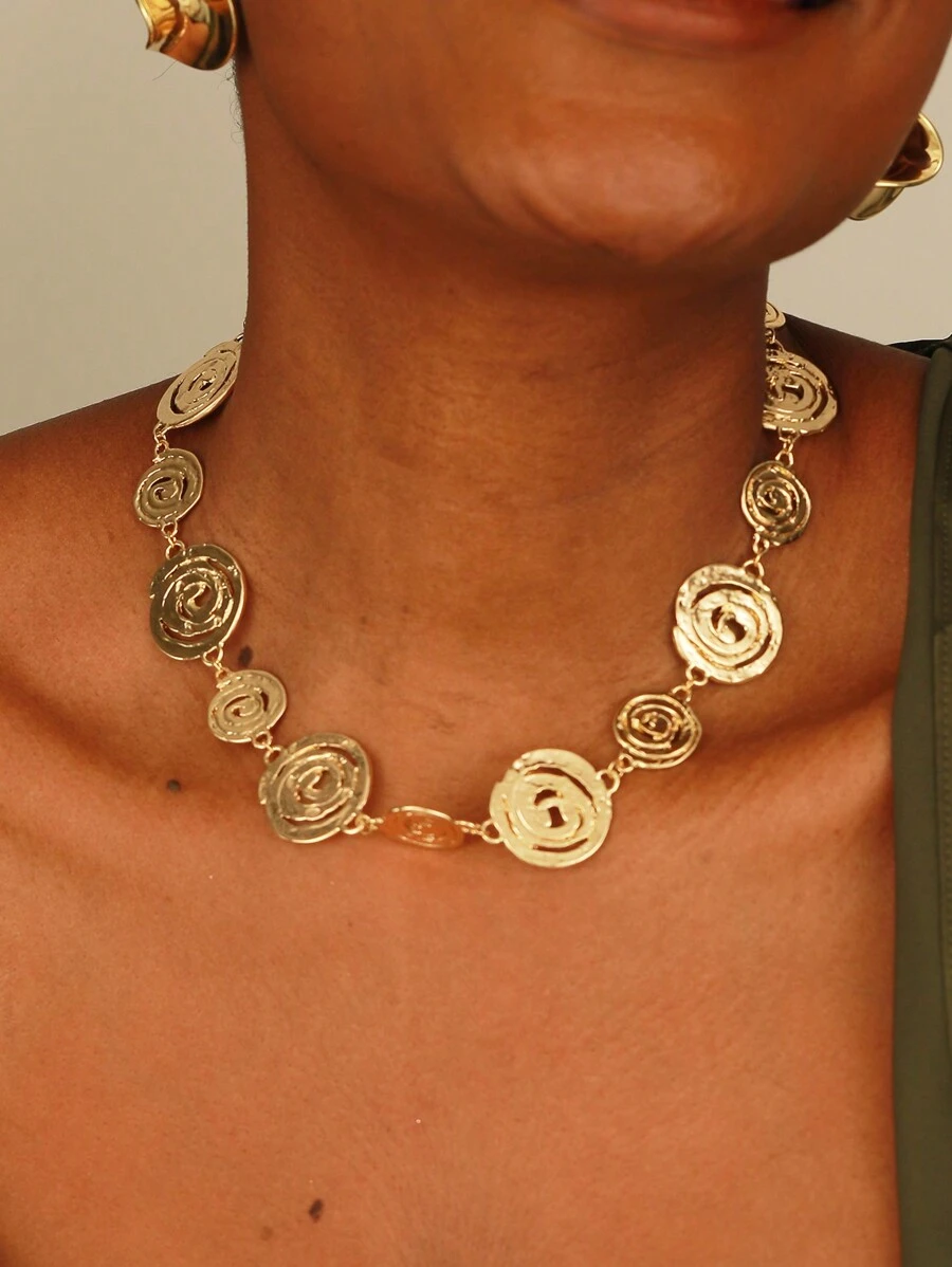 1 Pc Golden Color Textured Metal Swirl Design Spring Summer Chunky Statement Necklace For Women - A8143 - View 1