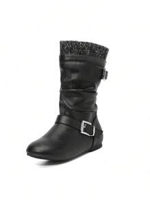 Girl's Knee High Boots With Knit Upper, Winter Riding Style Boots For Little & Big Kid - Black and White - View 9