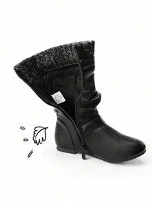 Girl's Knee High Boots With Knit Upper, Winter Riding Style Boots For Little & Big Kid - Black and White - View 5