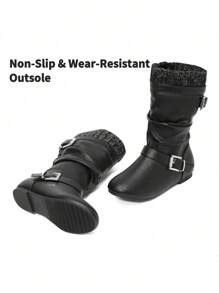 Girl's Knee High Boots With Knit Upper, Winter Riding Style Boots For Little & Big Kid - Black and White - View 7