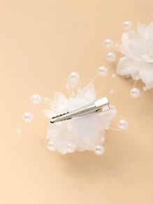 2入組女孩珍珠和花裝飾髮夾,適用於婚禮季節 - 白色 - 查看 4