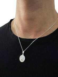 Short 925 Silver Necklace + Round Lion Pendant For Men Plated - 銀色 - 查看 2