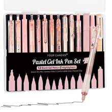 Gel Ink Pen Set,14PCS Pen Set With Case,Cute Note Taking 0.5mm Fine Point Retractable 12PCS Black Ink Pens With 2 Highlighter For School,Note Taking,Writing,Office Supplies,Suitable For Junior High School Primary School Boys And Girls College Student - 粉色 - 查看 1