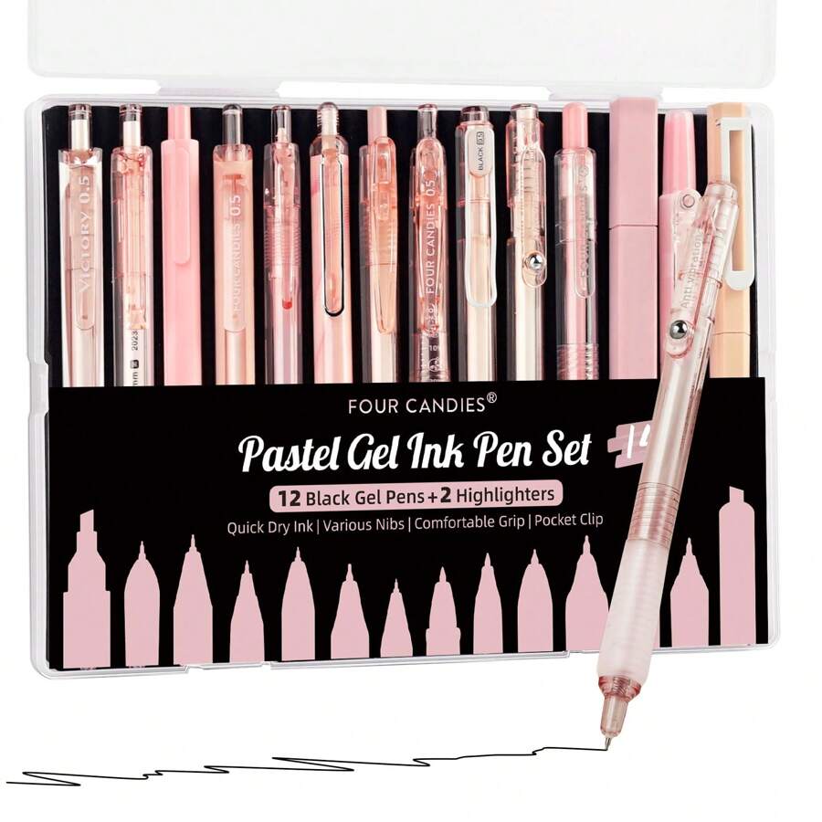 Gel Ink Pen Set,14PCS Pen Set With Case,Cute Note Taking 0.5mm Fine Point Retractable 12PCS Black Ink Pens With 2 Highlighter For School,Note Taking,Writing,Office Supplies,Suitable For Junior High School Primary School Boys And Girls College Student - 粉色 - 查看 1
