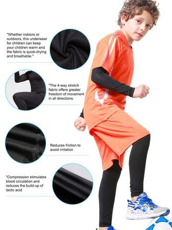HOPLYNN Conjunto de 4 piezas de pantalones y camisas de compresión de manga larga para adolescentes, ropa deportiva de secado rápido para correr