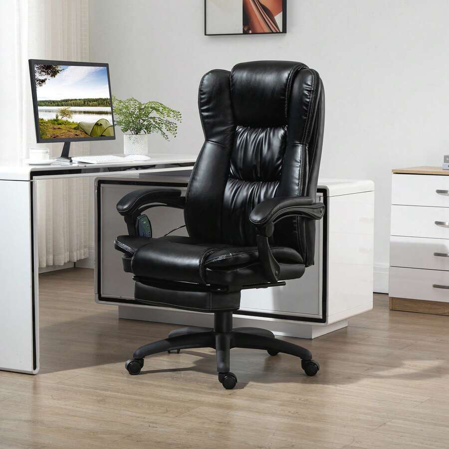 Sedia da Ufficio ad Altezza Regolabile con 6 Punti Massaggianti, Sedia Ergonomica Moderna in Finta Pelle con Telecomando, 68.5x68.5x113-121 cm, Nera