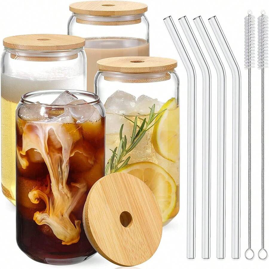 Vasos de Vidrio con Tapa, popote de vidrio Juego de 4 Vasos de Cristal de 16 onzas, Tazas de Vidrio con Popote para Cerveza, Whisky, Refrescos, Té y Agua - transparente - Ver 1