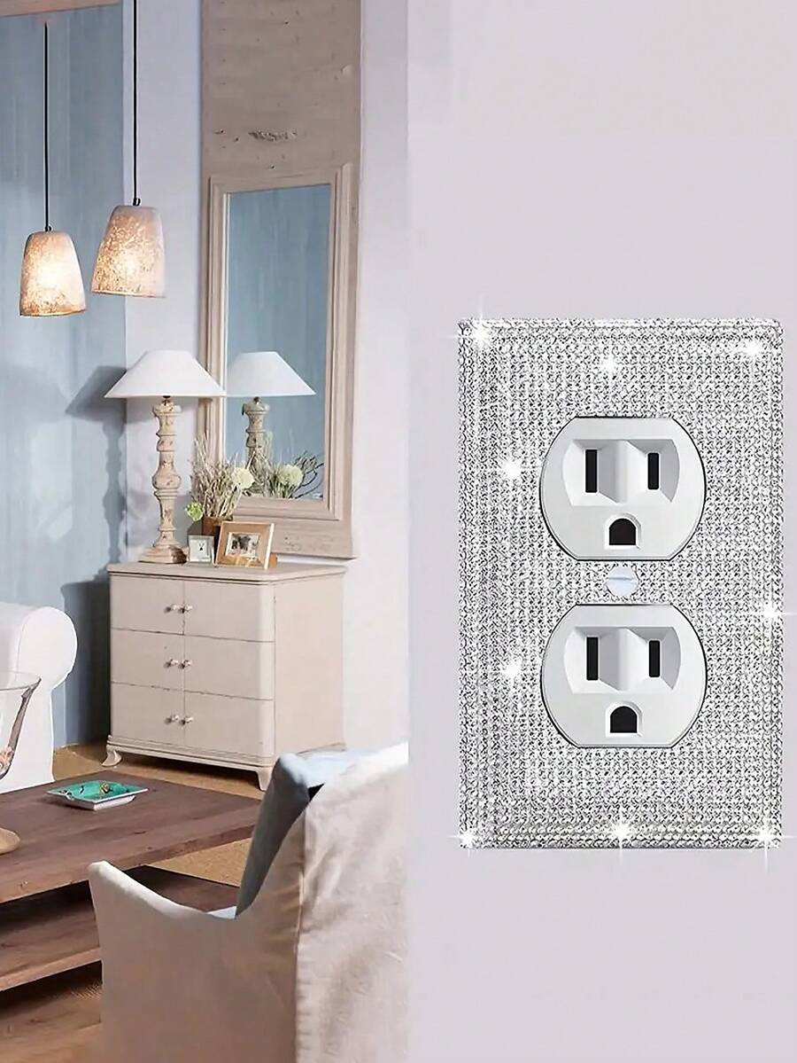 1個優雅迷人的閃亮開關套，鋪滿閃亮的銀色水晶，插頭套件，易於安裝且耐用的單位壁插座和雙插孔插座牆板，適用於臥室配飾家居裝飾 - 銀色 - 查看 1