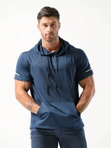 ​男友风男士连帽健身 T 恤速干吸湿排汗短袖网眼运动 T 恤基本款 T 恤 - 藏蓝色 - 查看 4