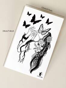 CAT QUEEN ART 紋身貼紙（1 件）帶有藍色蝴蝶、花朵和人物圖案,可持續 7-14 天,不褪色,不反光,適合手臂、手腕、胸部、腹部、背部和身體 - 黑色 - 查看 8