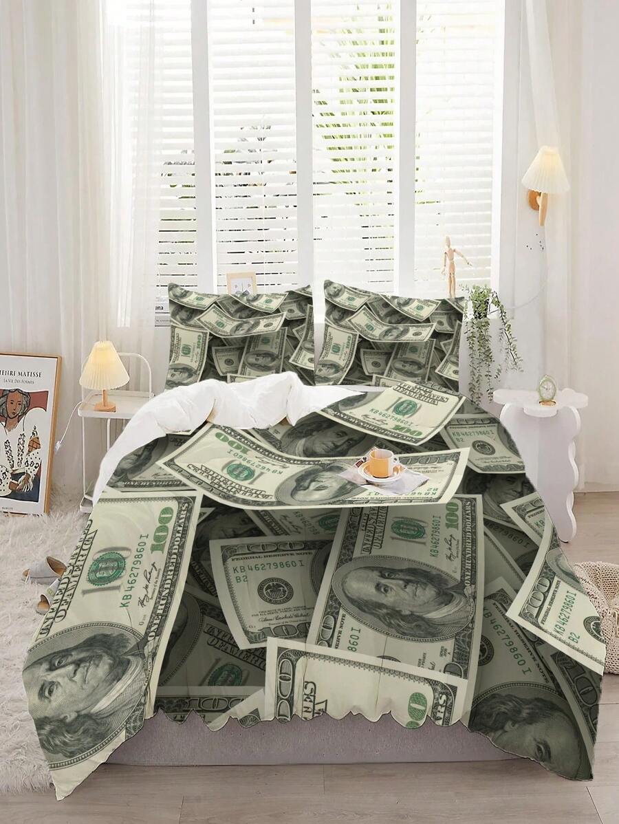 3入組百元鈔票被套套件,3d印花鈔票被套,時尚舒適軟質床上用品套件,適用於卧室、宿舍、客房裝飾（1*被套+2*枕套,不含內芯） - 彩色 - 查看 1