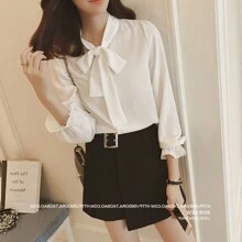 Elegant Blouse For Women Bow Neck Design - White - View 4