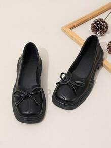 女士黑色时尚蝴蝶结装饰圆头一脚蹬粗跟休闲乐福鞋 - 黑色 - 查看 2