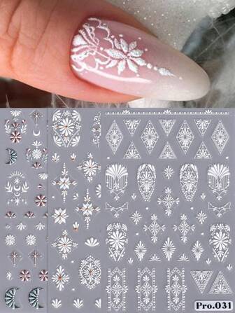 5D Bohemian Embossed Nail Stickers 3pcs White Colorful Elegant Mandala Flower Floral Print Spring Summer Decal Engraved Manicure Decoration