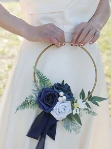 1件金属花环，适用于婚礼新娘、伴娘手持丝绸花环、新娘手持仿真玫瑰花束、西式户外婚礼伴娘手持仿真花环、婚礼仿真、人造花环、户外婚礼手持花环、摄影道具、婚纱配饰、情人节配饰 - 彩色 - 查看 6
