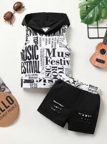 2 mảnh Bộ Của Dễ thương Đứa bé trai Mềm mại Và Thoải mái Lá thư In áo có mũ Không tay Áo Và Quần short thể thao Thích hợp Đối với Giải trí Kỳ nghỉ Và Hằng ngày - Nhiều màu - Xem 2