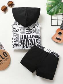 2 mảnh Bộ Của Dễ thương Đứa bé trai Mềm mại Và Thoải mái Lá thư In áo có mũ Không tay Áo Và Quần short thể thao Thích hợp Đối với Giải trí Kỳ nghỉ Và Hằng ngày - Nhiều màu - Xem 3